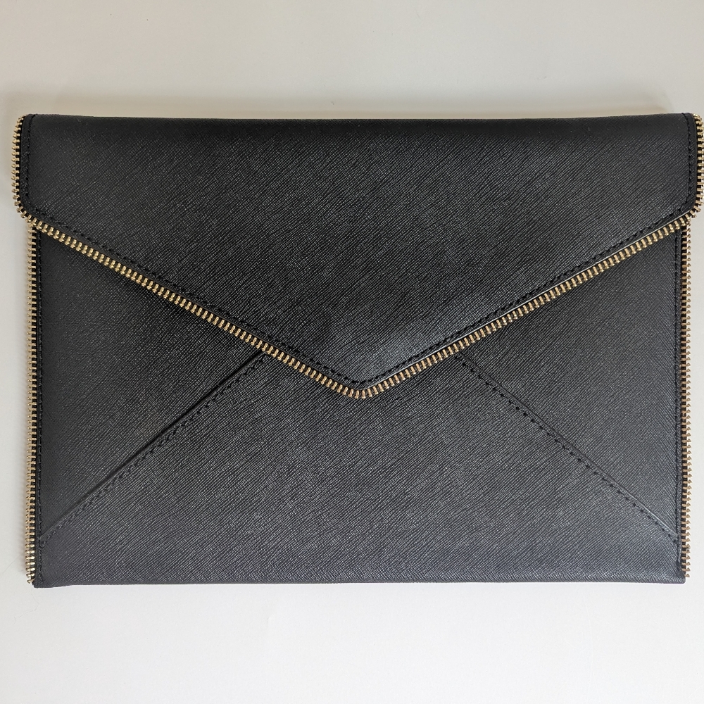 SOLD! REBECCA MINKOFF Leo Black Saffiano Leather Zipper Envelope Clutch Wallet - Picture 1 of 5